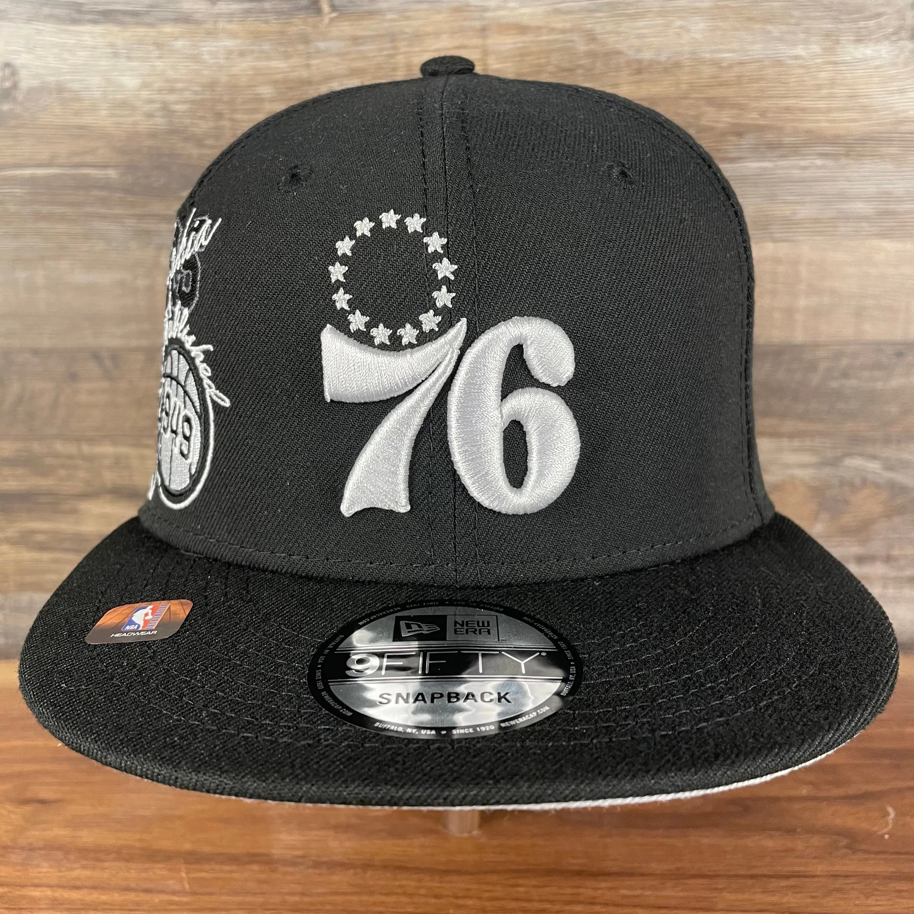 Philadelphia 76ers NBA 75th Anniversary Side Patch Gray Bottom Black 9Fifty Snapback Hat | Back Half