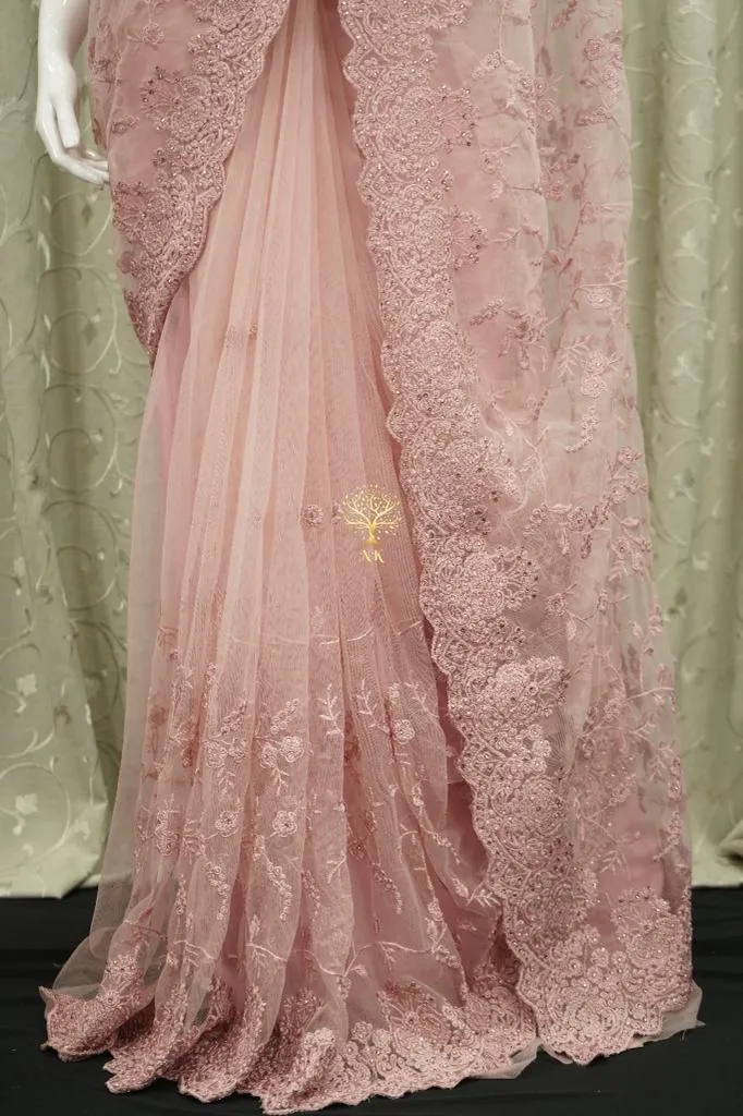 Pink Designer Soft Net Saree with Chikankari and Diamond Work - ANI001PP