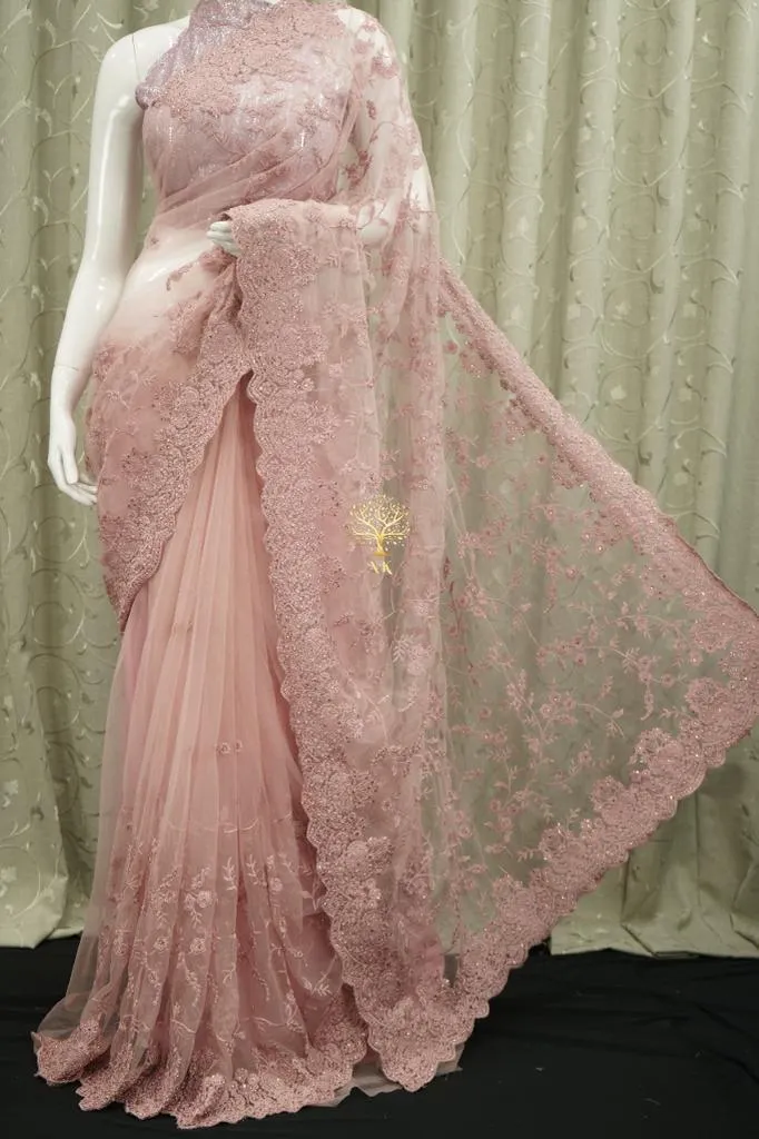 Pink Designer Soft Net Saree with Chikankari and Diamond Work - ANI001PP