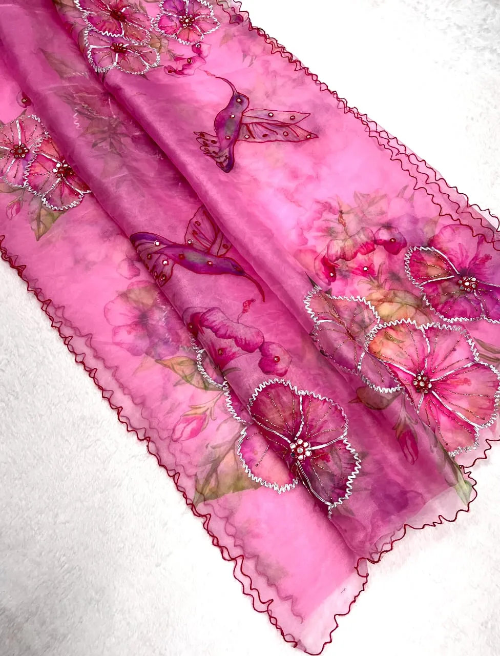 Pink Organza Handwork Saree for Women