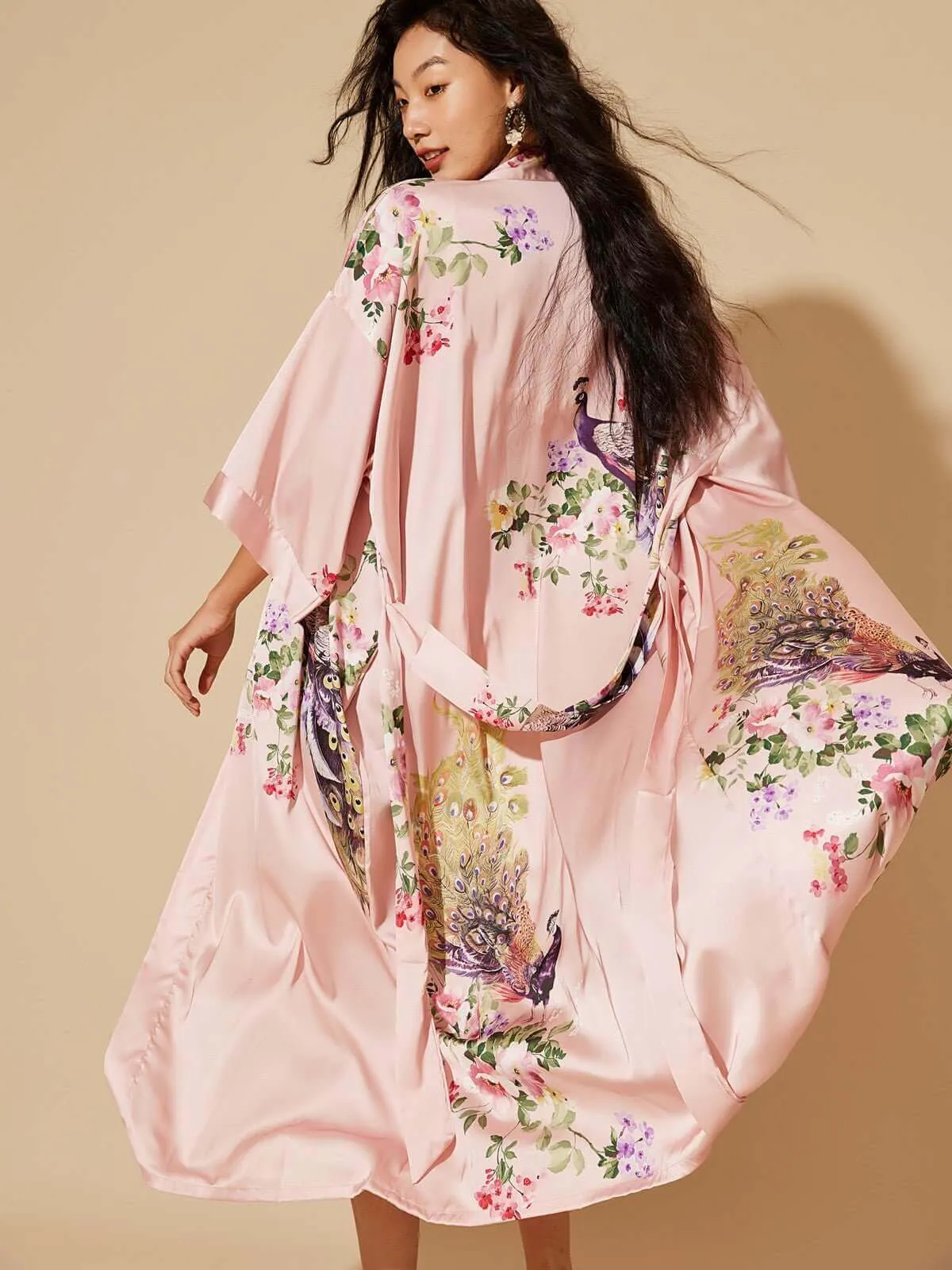 Pink Peacock Kimono Robe