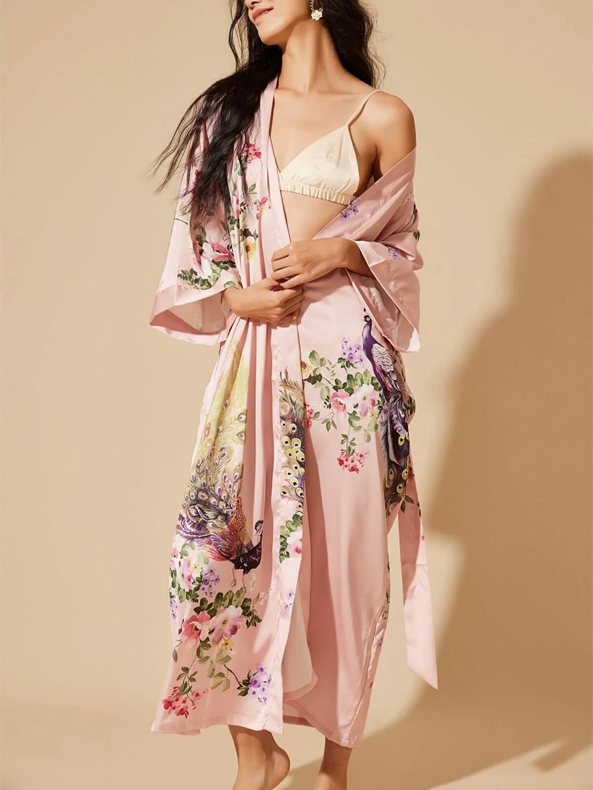 Pink Peacock Kimono Robe