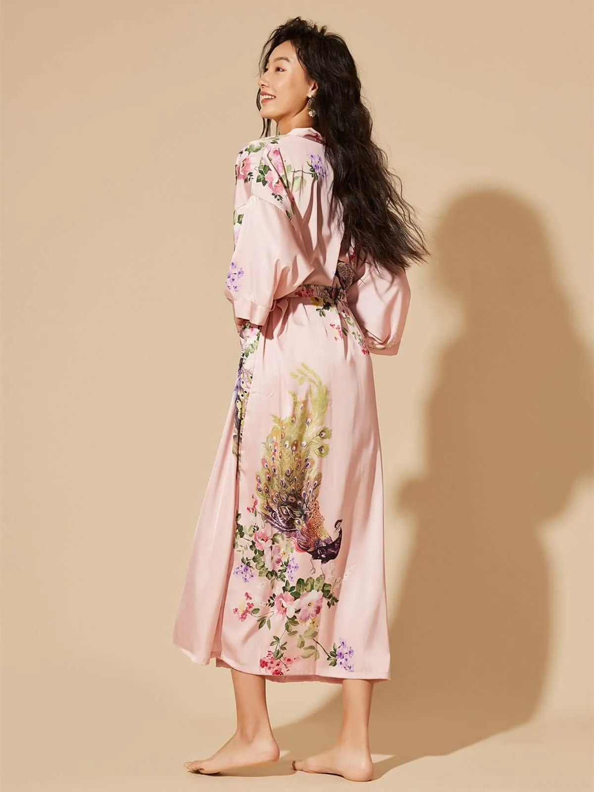 Pink Peacock Kimono Robe