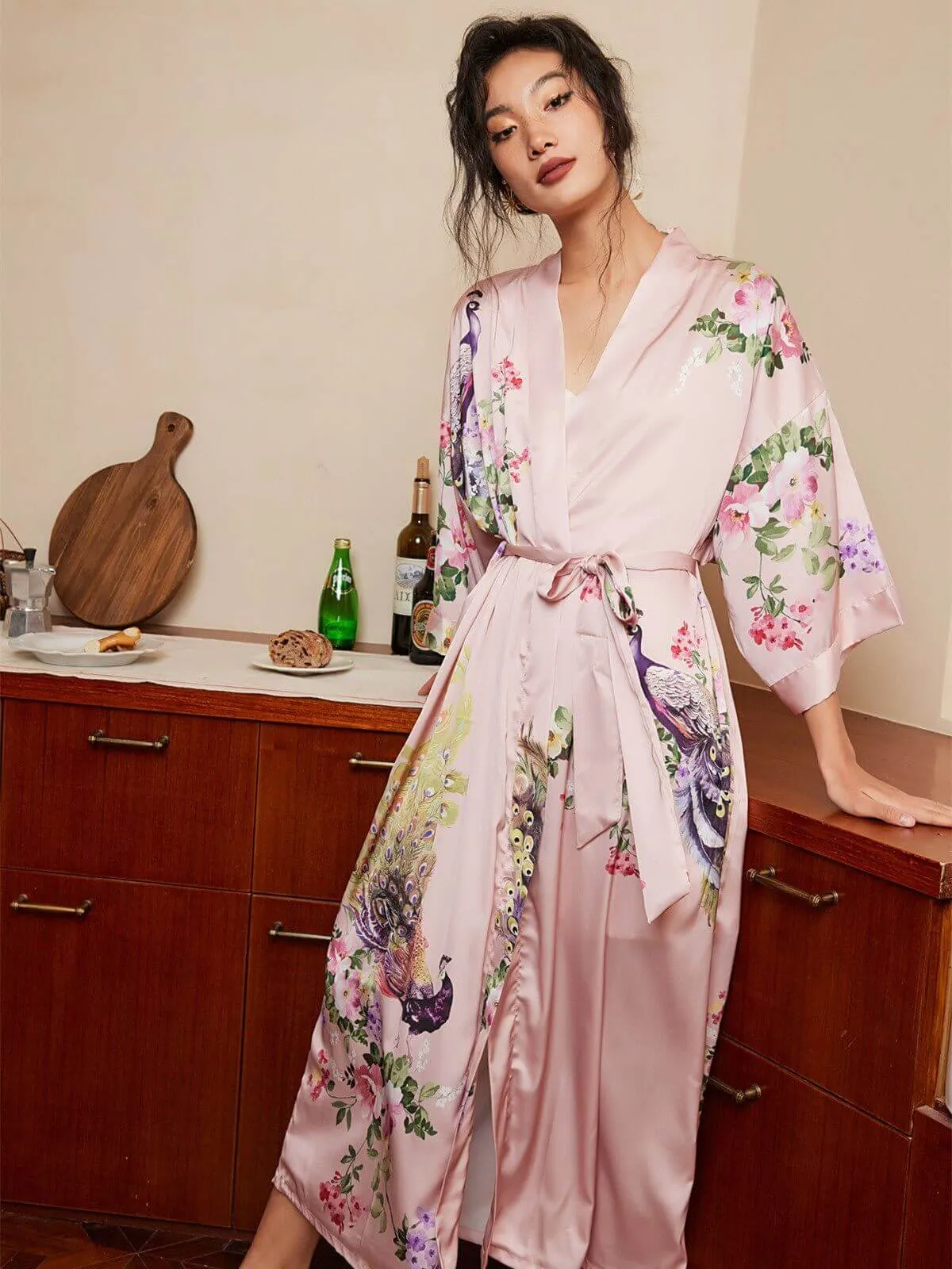 Pink Peacock Kimono Robe