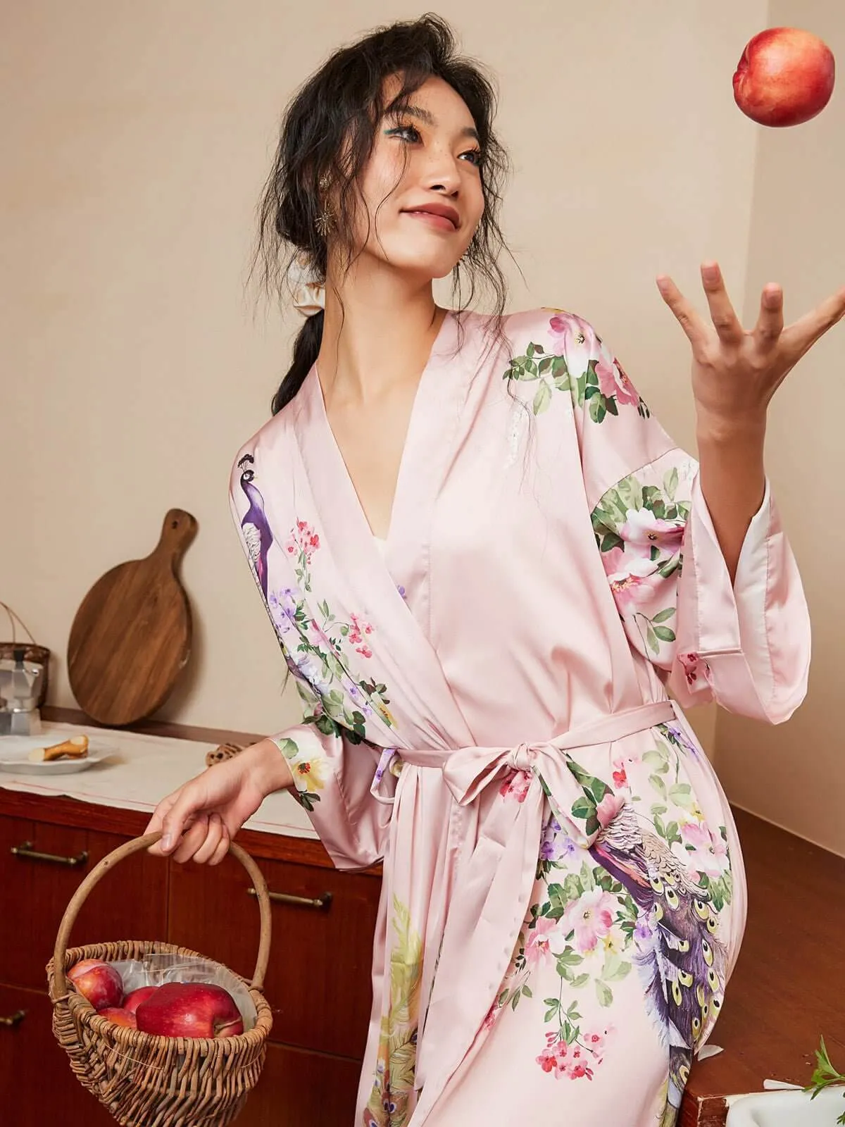 Pink Peacock Kimono Robe