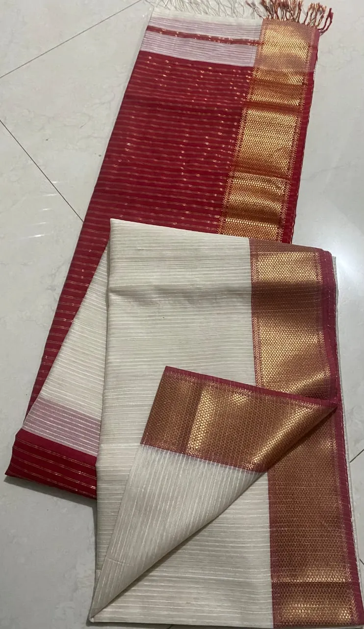 Red and White Maheshwari Handloom Saree - NEWSRISAI001