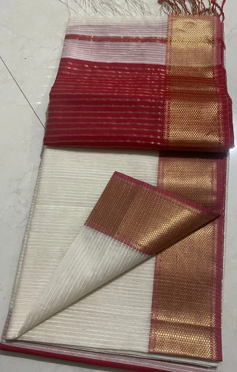 Red and White Maheshwari Handloom Saree - NEWSRISAI001