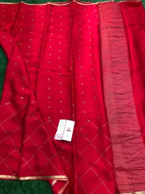 Red Mysore Silk Saree with Swarovski Crystal Embellishment - PDS001MSR