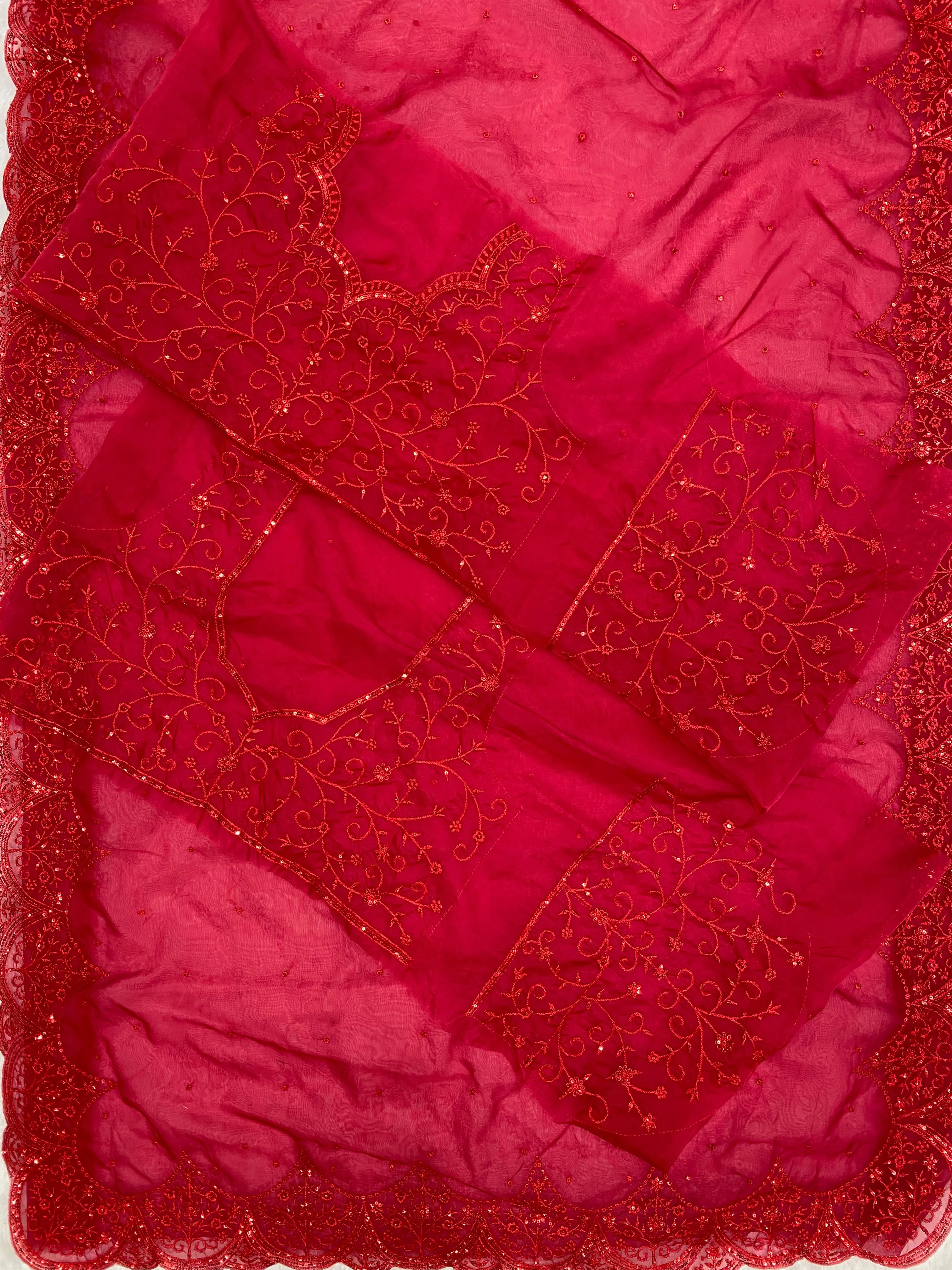 Red Sequins Saree on Organza with Heavy Blouse - Kavachauth Special