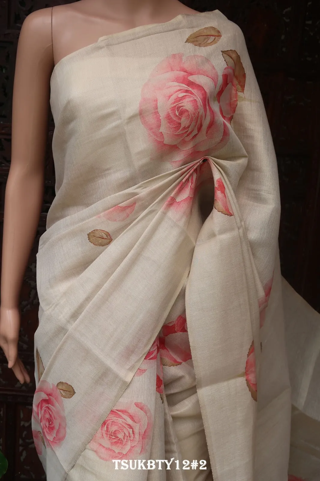 Rosanna Tusser Finish Saree: Off White, Tissue Blended, Full Body Multi Color Floral Design (Without Blouse)