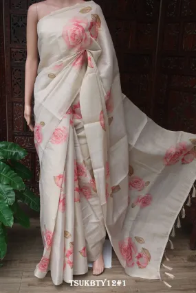 Rosanna Tusser Finish Saree: Off White, Tissue Blended, Full Body Multi Color Floral Design (Without Blouse)