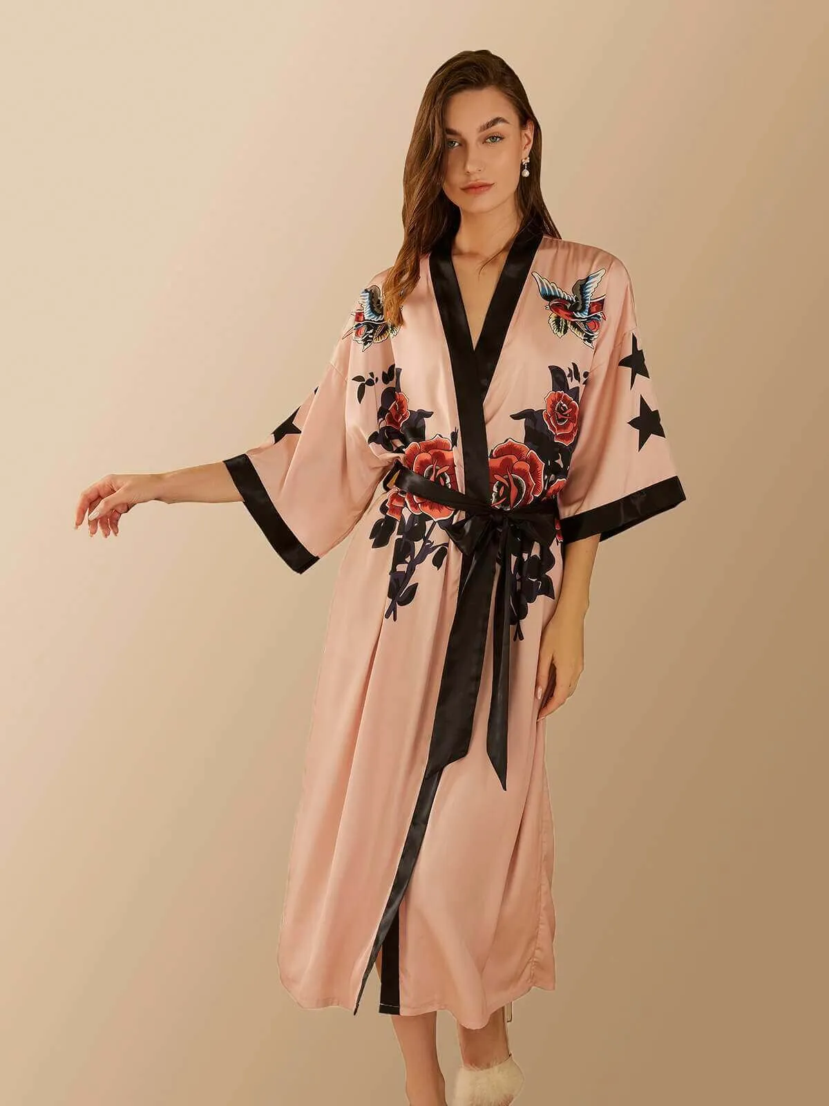 Rose Kimono Robe with Butterfly Design