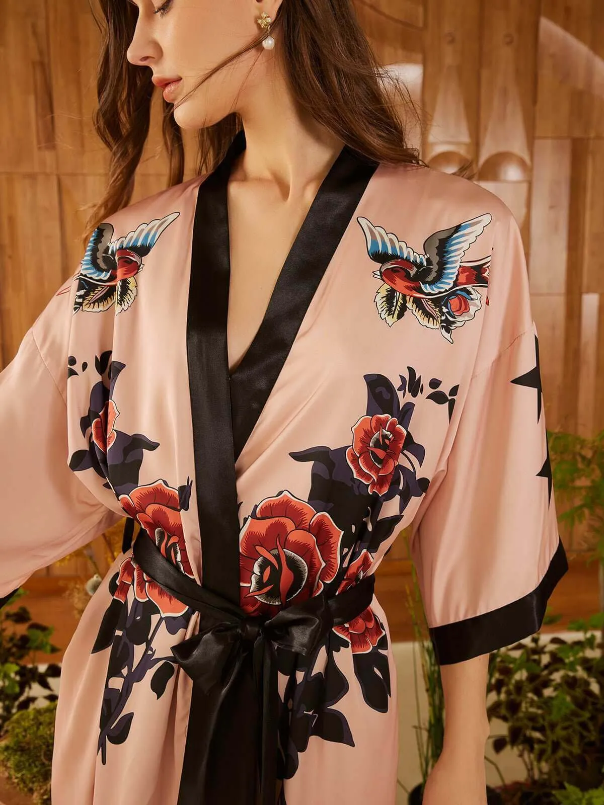 Rose Kimono Robe with Butterfly Design