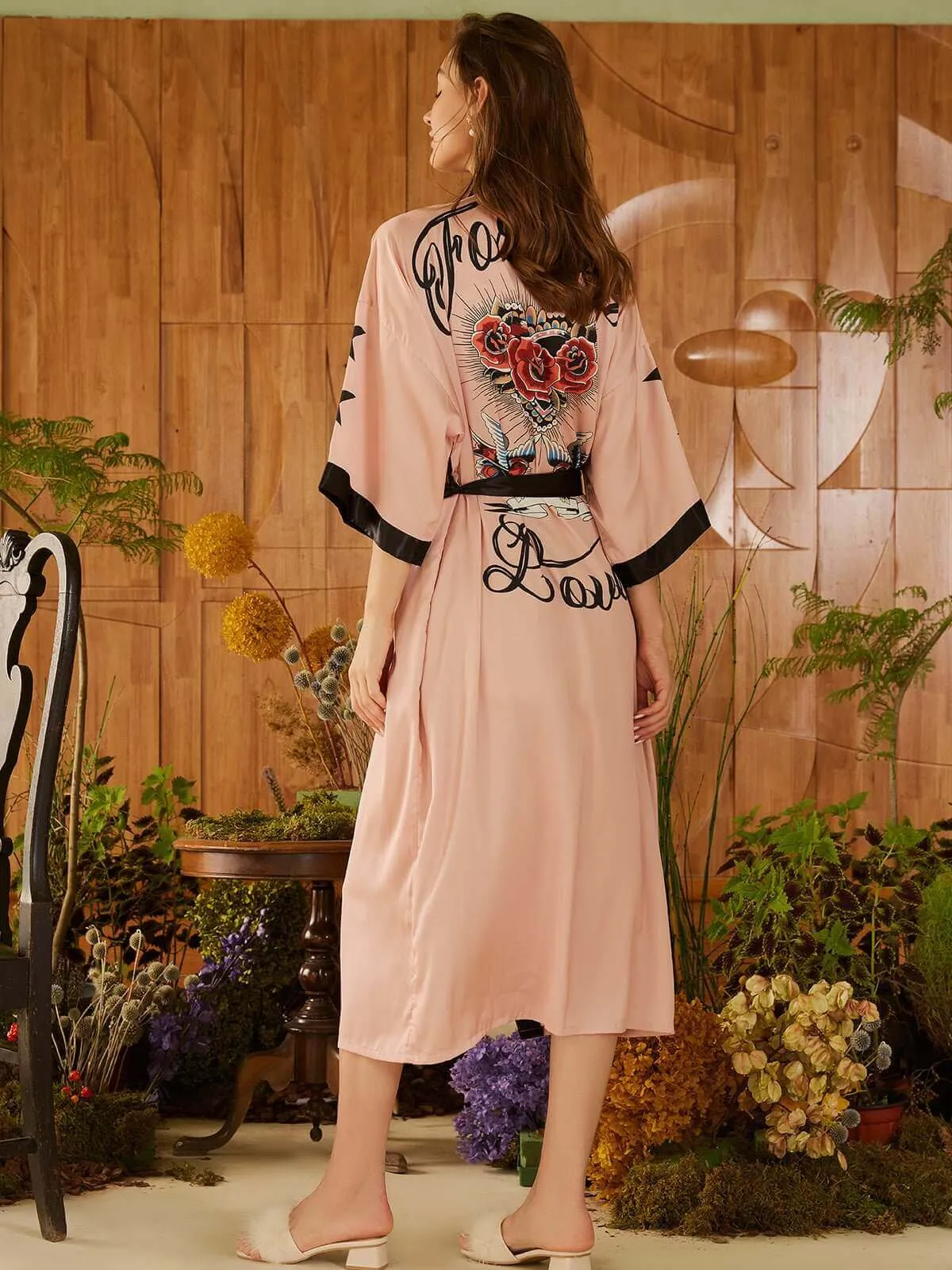 Rose Kimono Robe with Butterfly Design