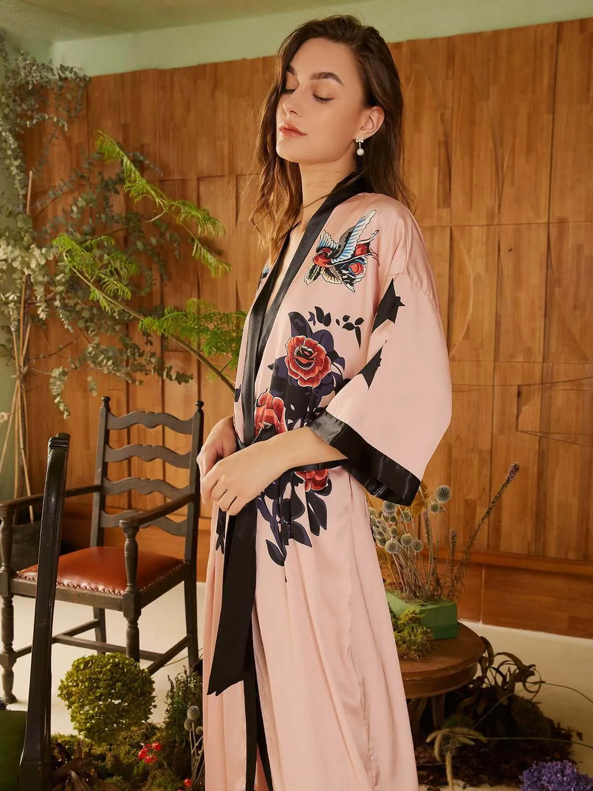 Rose Kimono Robe with Butterfly Design