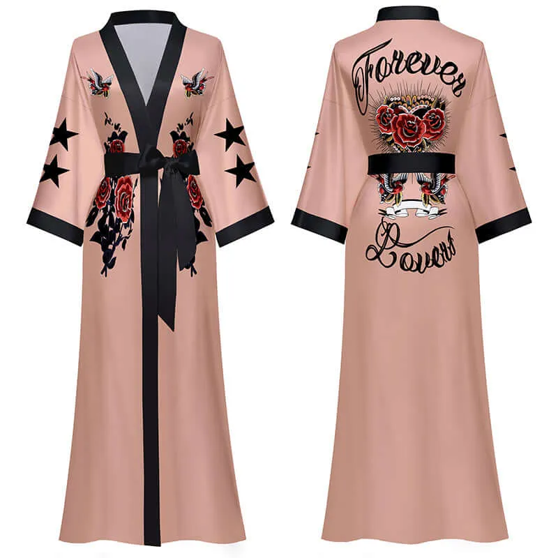 Rose Kimono Robe with Butterfly Design