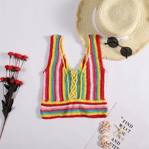 Sexy Rainbow Color Hollow Crochet Knitted Bikini Beach Swimsuit Top