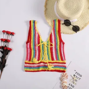 Sexy Rainbow Color Hollow Crochet Knitted Bikini Beach Swimsuit Top