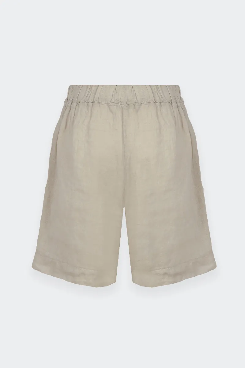 short beige linen trousers