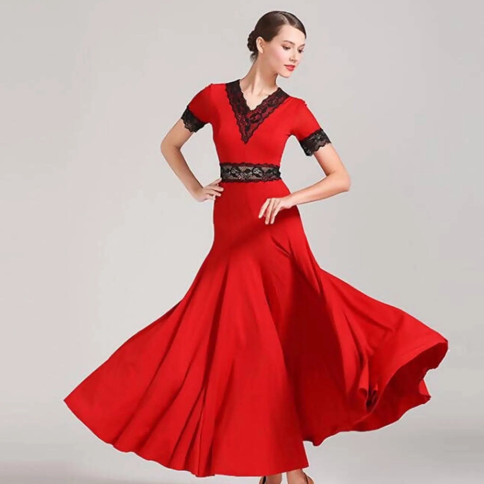 Short Sleeve Ballroom Dance Dress | Red/Green/Black | Model 9056