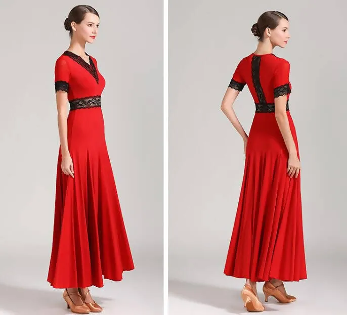 Short Sleeve Ballroom Dance Dress | Red/Green/Black | Model 9056