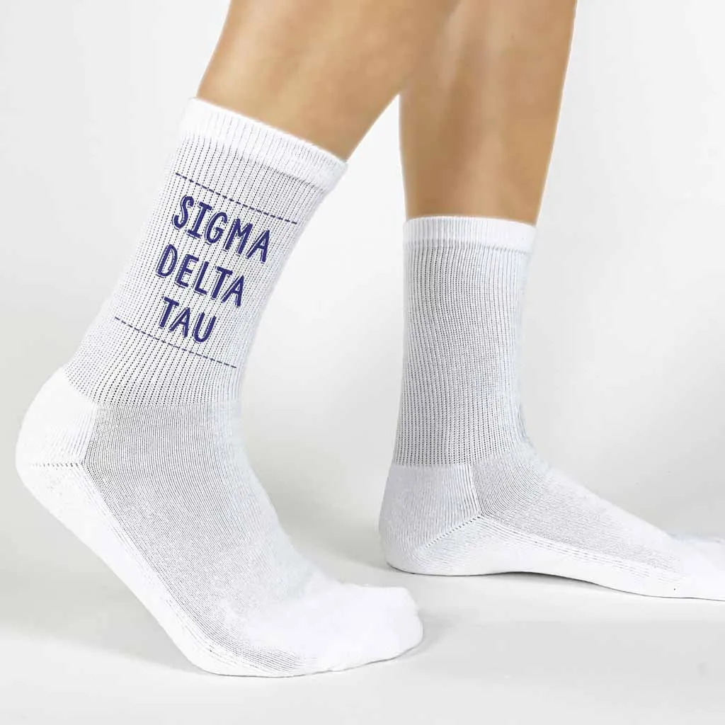 Sigma Delta Tau Crew Socks - Find Sigma Delta Tau Name Socks in Sorority Colors.