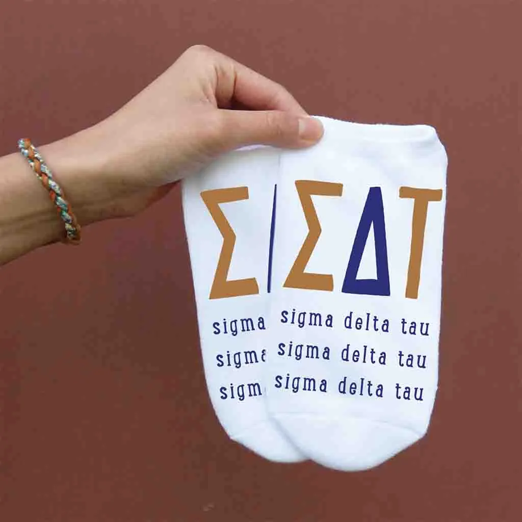 Sigma Delta Tau Sorority Socks - Large Greek Letter Print, No Show Style | Shop Now