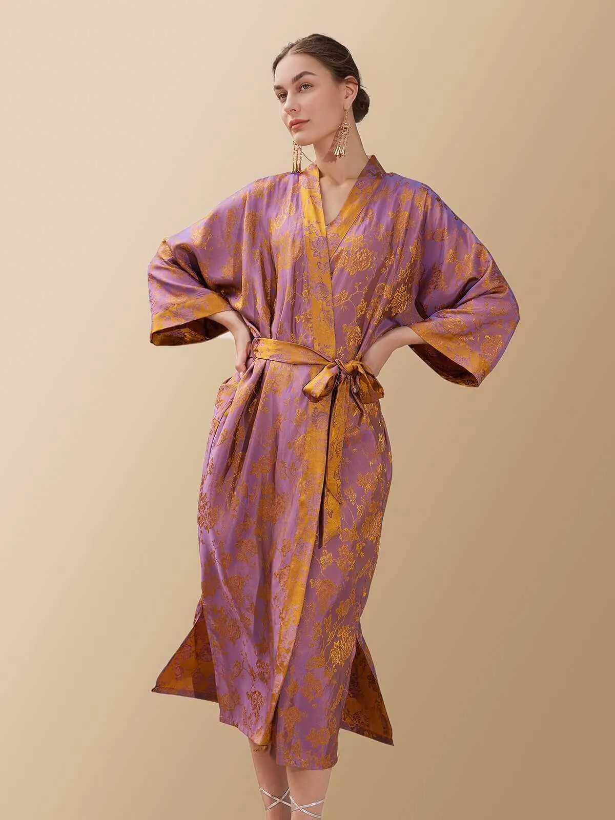 Silk Oriental Kimono Robe with Jacquard Pattern