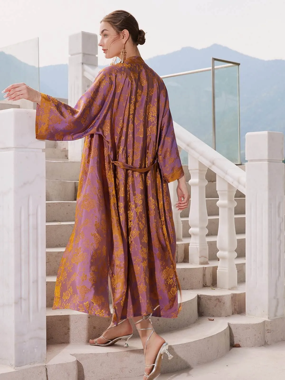 Silk Oriental Kimono Robe with Jacquard Pattern