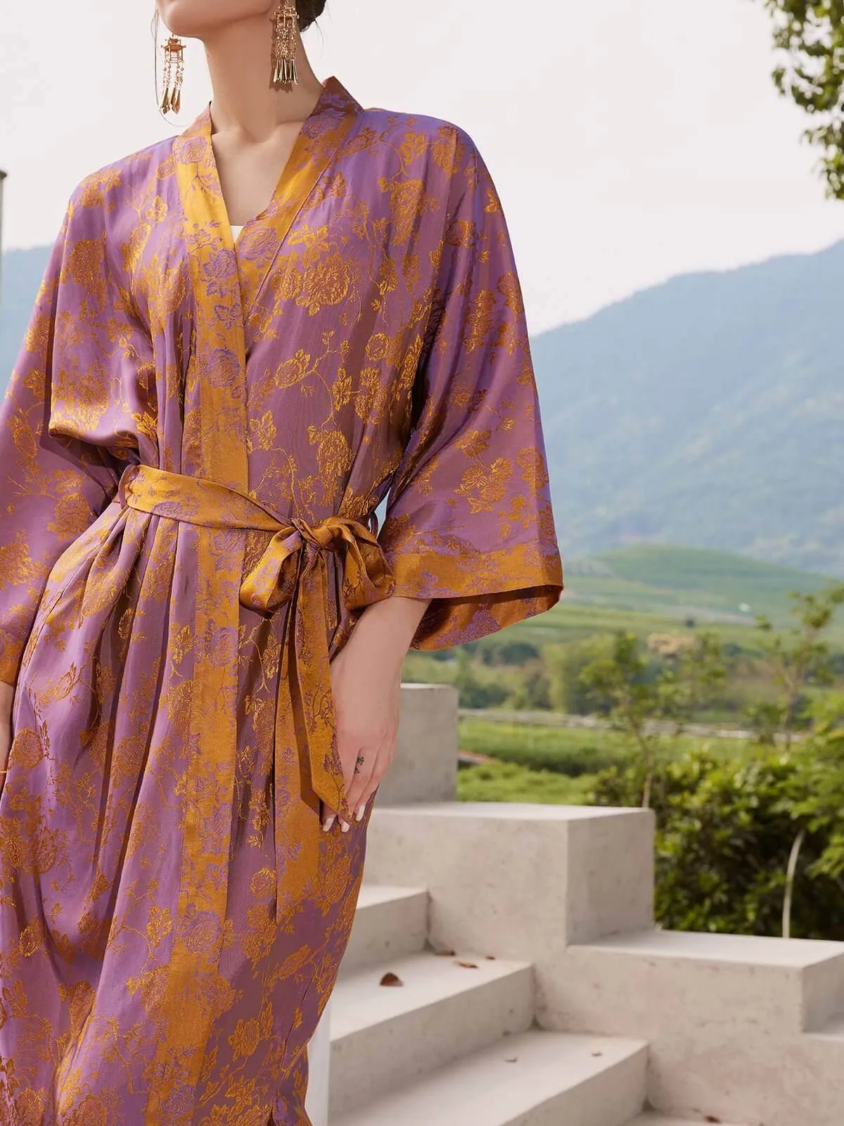 Silk Oriental Kimono Robe with Jacquard Pattern