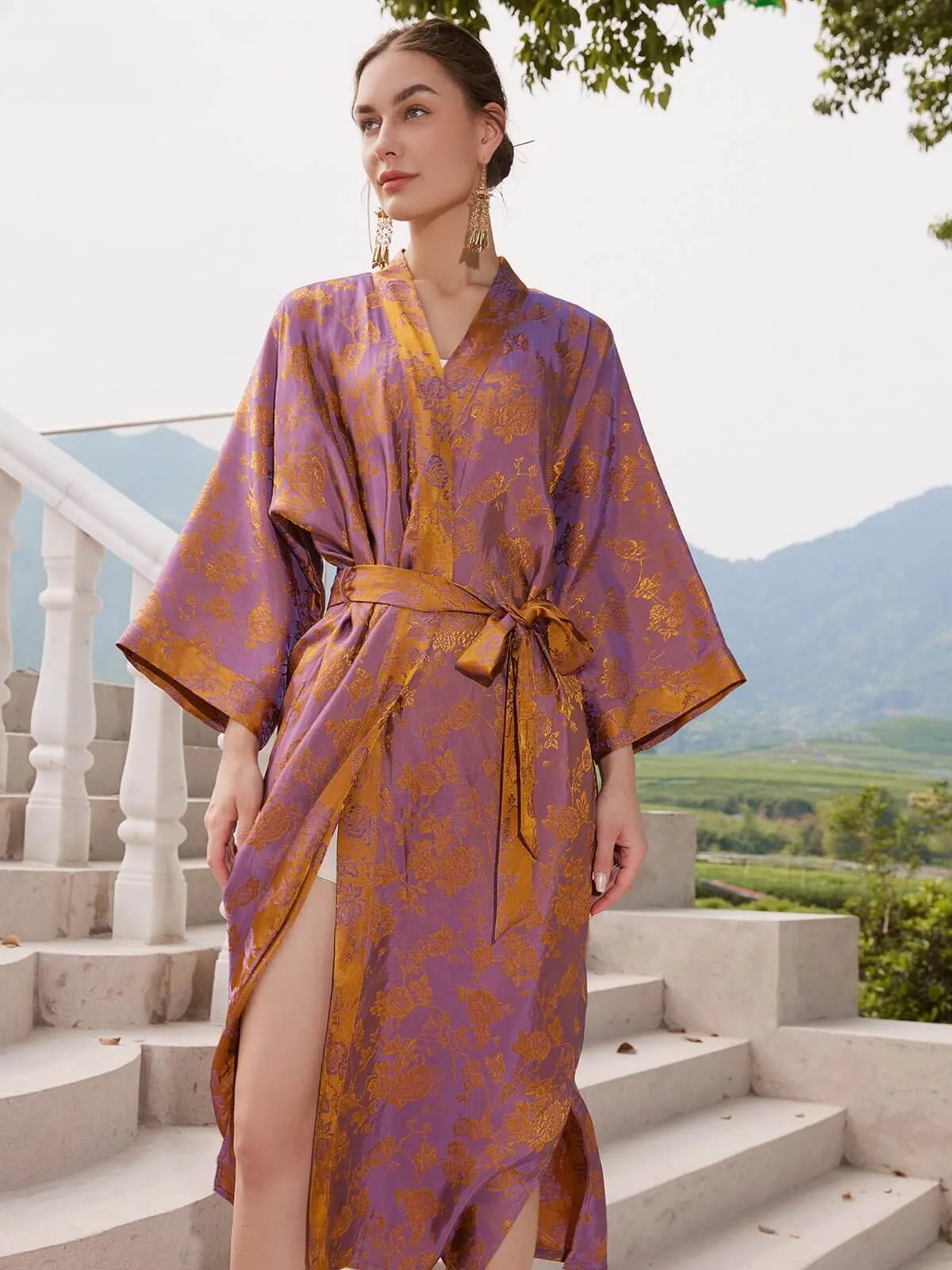 Silk Oriental Kimono Robe with Jacquard Pattern