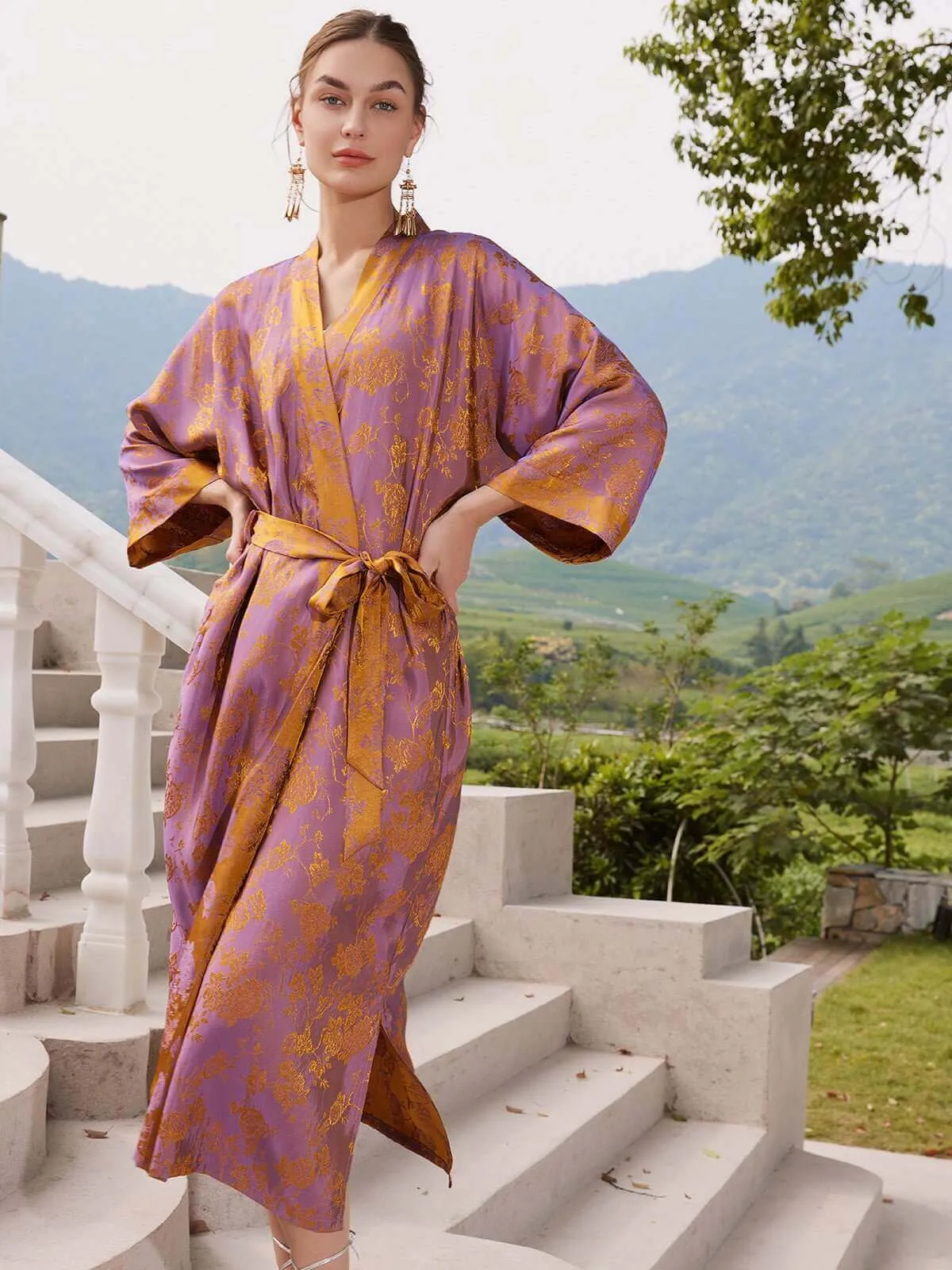 Silk Oriental Kimono Robe with Jacquard Pattern