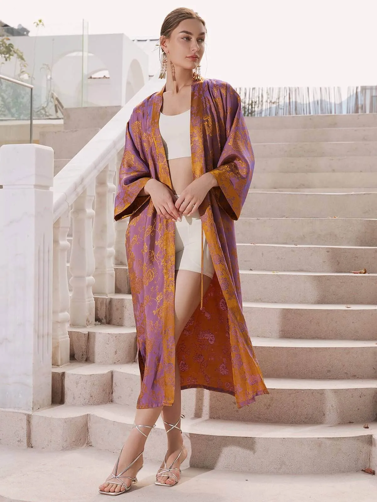 Silk Oriental Kimono Robe with Jacquard Pattern