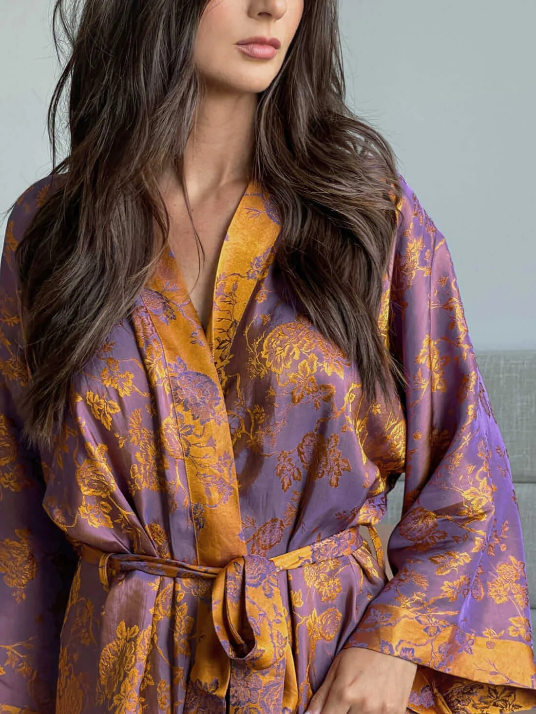 Silk Oriental Kimono Robe with Jacquard Pattern