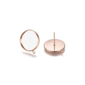 Stud Earring Settings, 304 Stainless Steel, Round, Bezel Cup, With Open Loop, Rose Gold, 16mm