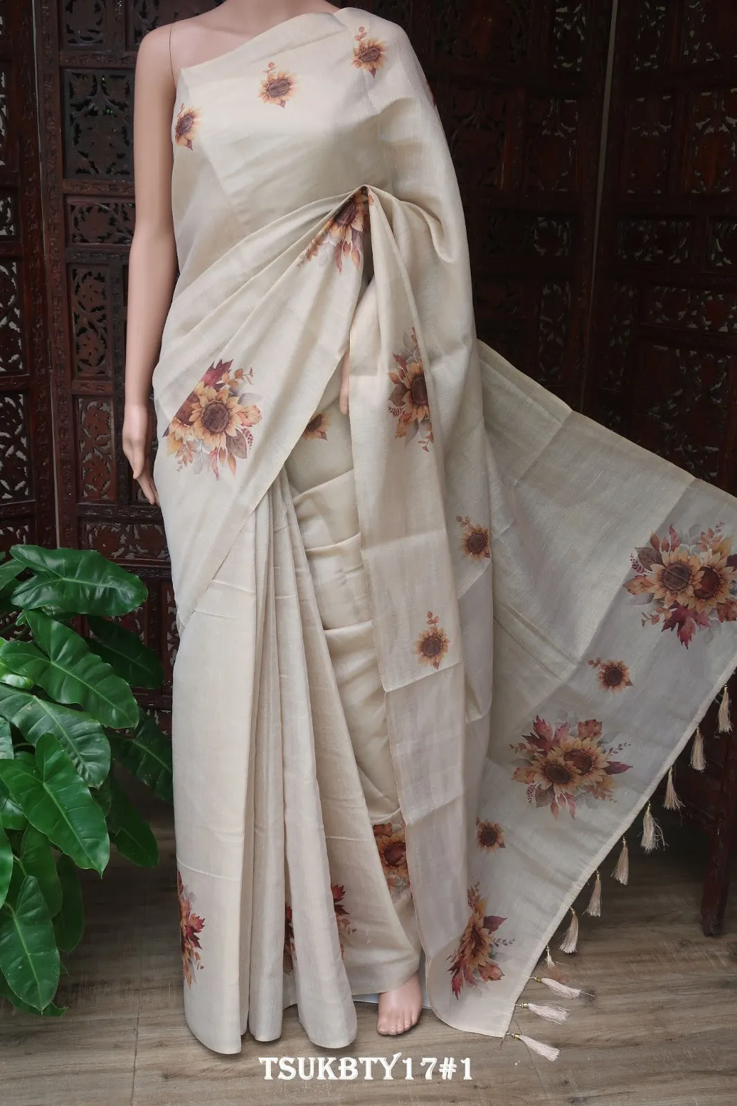 Sunflowers, Off White Tissue Blended Saree with Full Body Multi Color Floral Design - No Blouse - KIA0