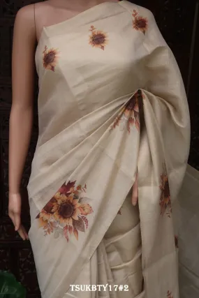 Sunflowers, Off White Tissue Blended Saree with Full Body Multi Color Floral Design - No Blouse - KIA0