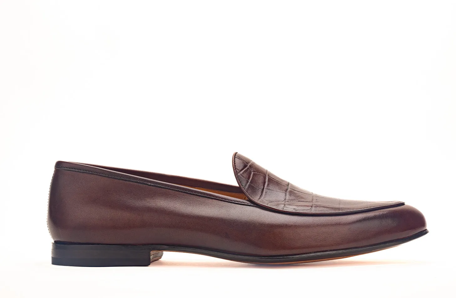 The revised version is Brown Croc Embossed Belgian Loafer.