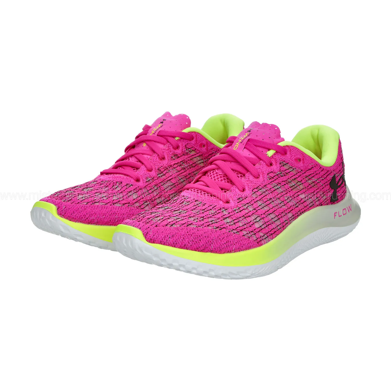 Under Armour Flow Velociti Wind 2 in Rebel Pink, Lime Surge, and Black.