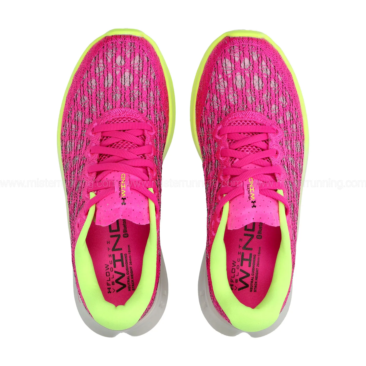 Under Armour Flow Velociti Wind 2 in Rebel Pink, Lime Surge, and Black.