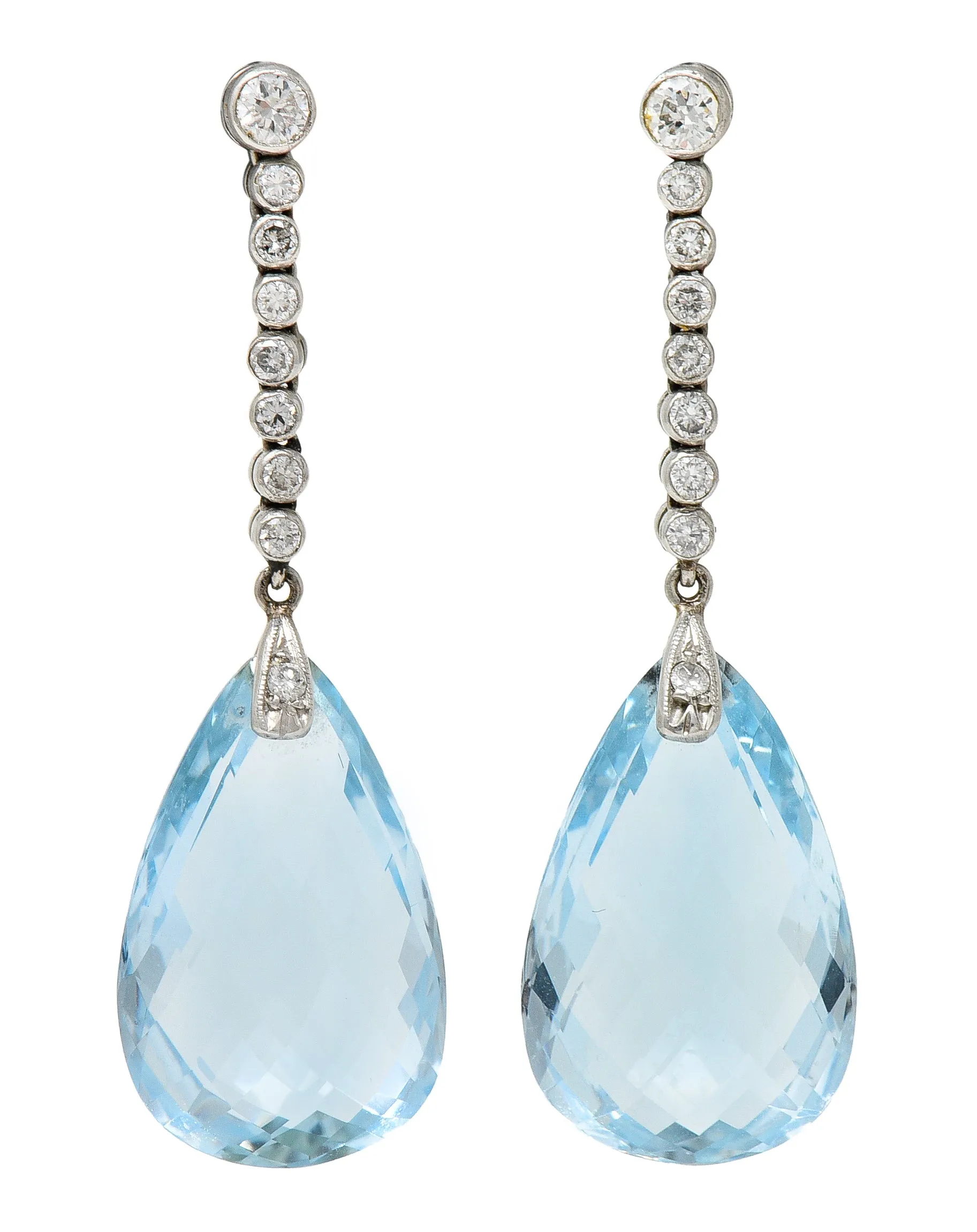 Vintage 15.37 CTW Aquamarine Diamond Platinum Briolette Drop Earrings