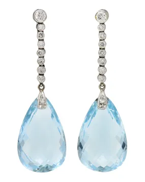 Vintage 15.37 CTW Aquamarine Diamond Platinum Briolette Drop Earrings