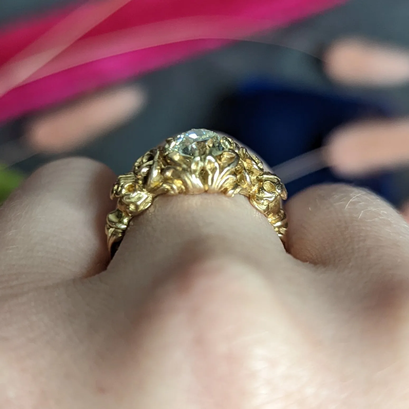 Vintage Austrian 1.02 Carat Diamond 14 Karat Yellow Gold Foliate Engagement Ring GIA