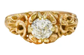 Vintage Austrian 1.02 Carat Diamond 14 Karat Yellow Gold Foliate Engagement Ring GIA