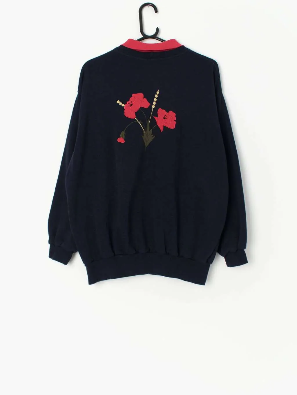 Vintage collared sweatshirt in navy blue with red embroidered poppies – Medium / Large