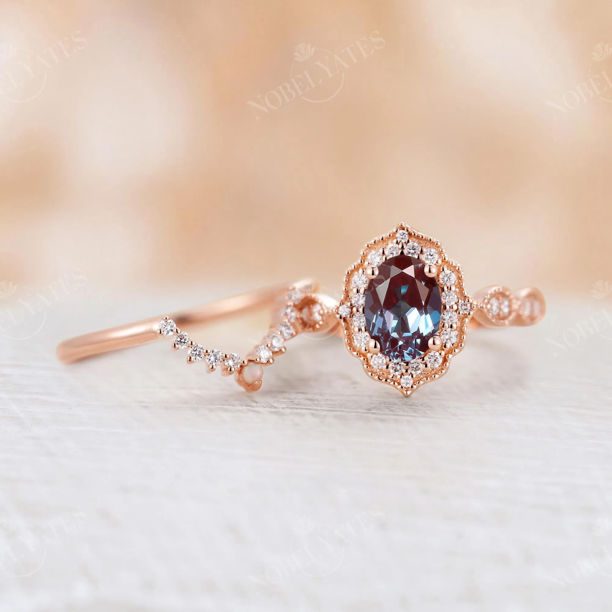 Vintage Oval Lab Alexandrite Milgrain Halo Bridal Set Rose Gold