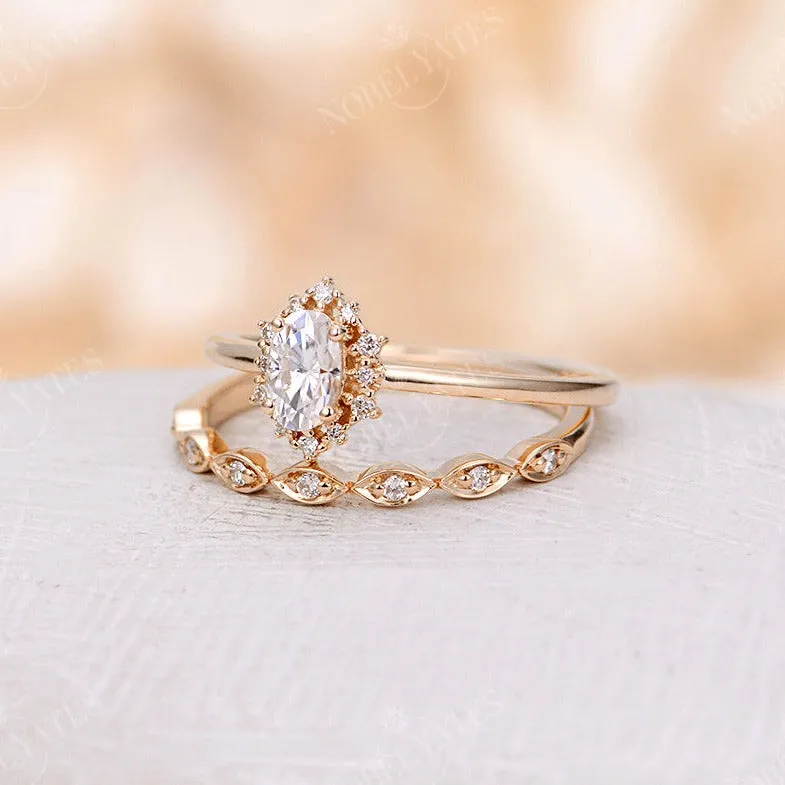 Vintage Oval Moissanite Halo Bridal set Yellow Gold