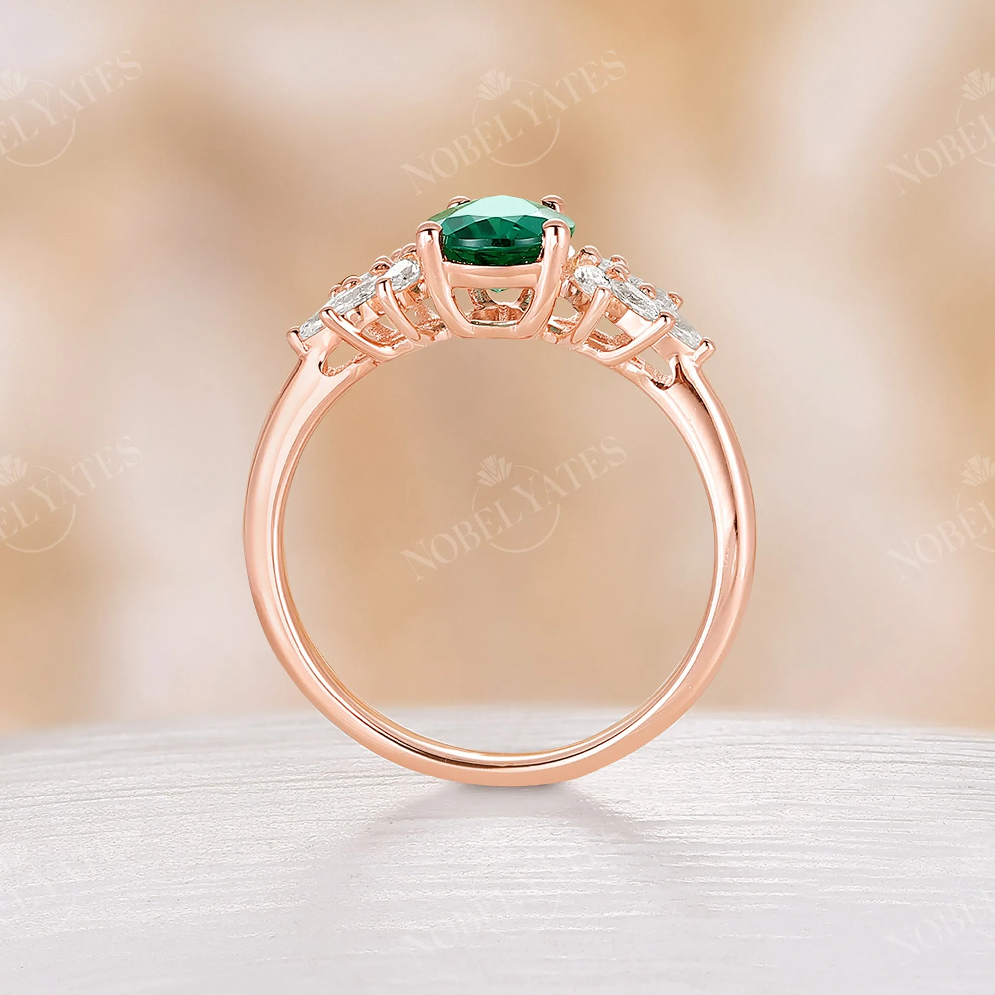 Vintage Pear Lab Emerald Cluster Engagement Ring Rose Gold