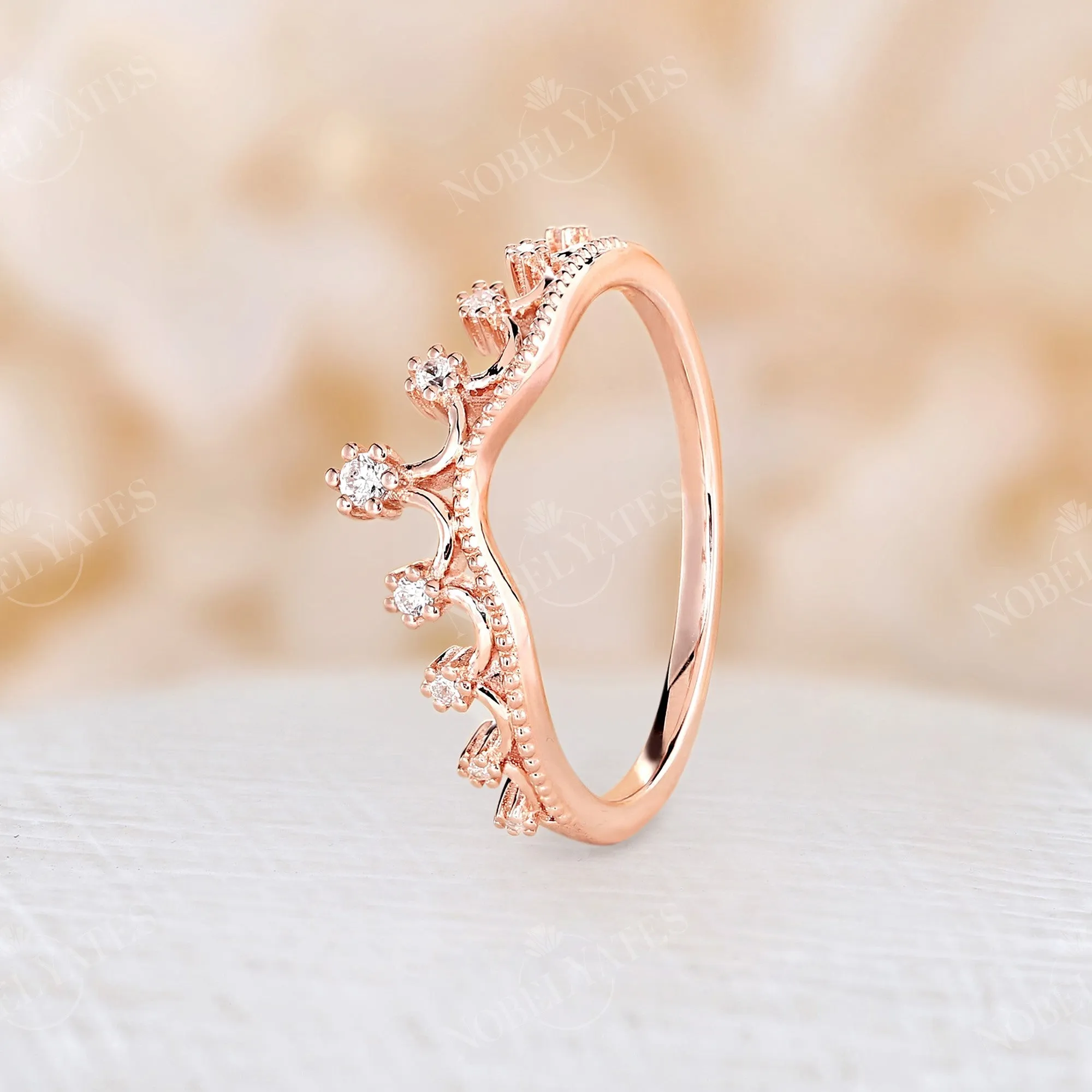 Vintage Round Cut Moissanite Milgrain Curved Wedding Band Rose Gold