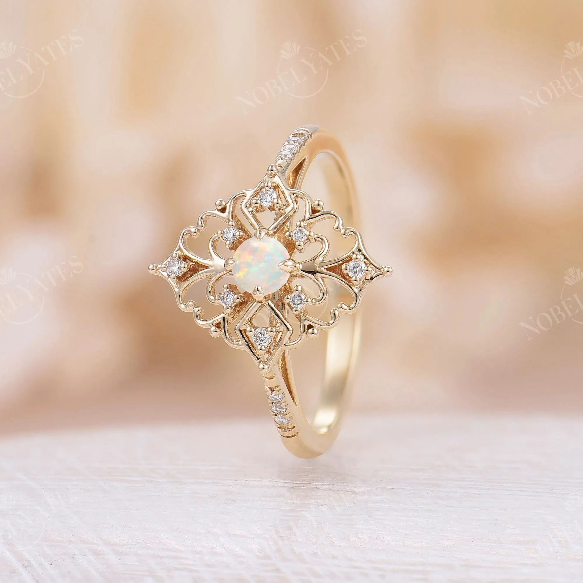 Vintage Round White Opal Filigree Engagement Ring Yellow Gold